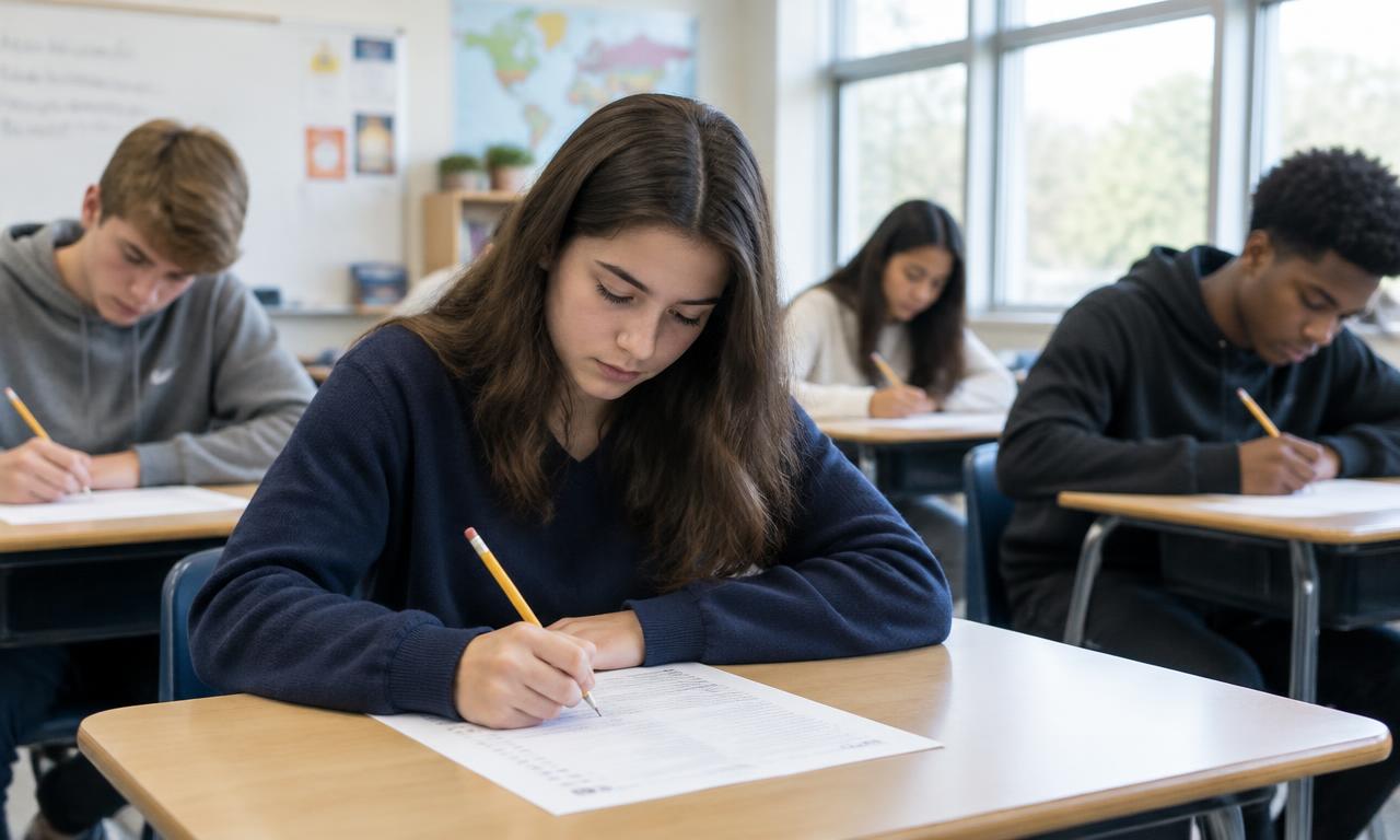 High school students writing an exam at their desks