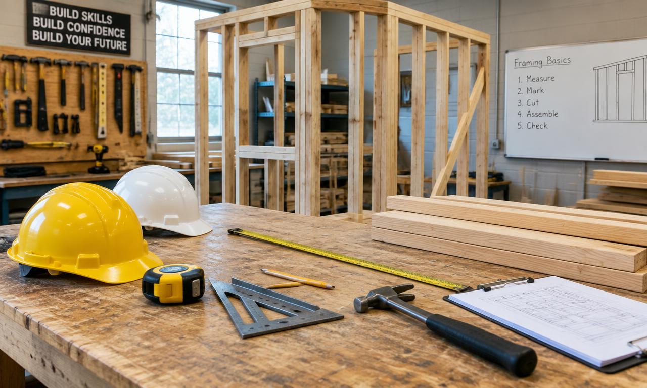 Construction learning workspace with a wood-frame build project, hard hats, and hand tools on a workbench