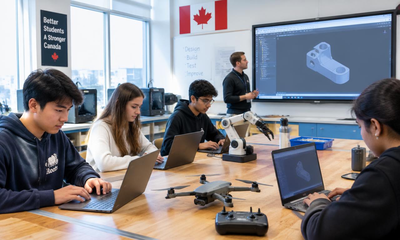 Students in a modern technology classroom working on laptops with 3D design software, a robot arm, and a drone